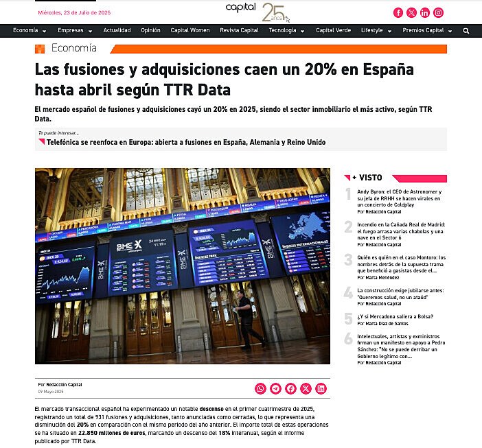 Las fusiones y adquisiciones caen un 20% en Espaa hasta abril segn TTR Data